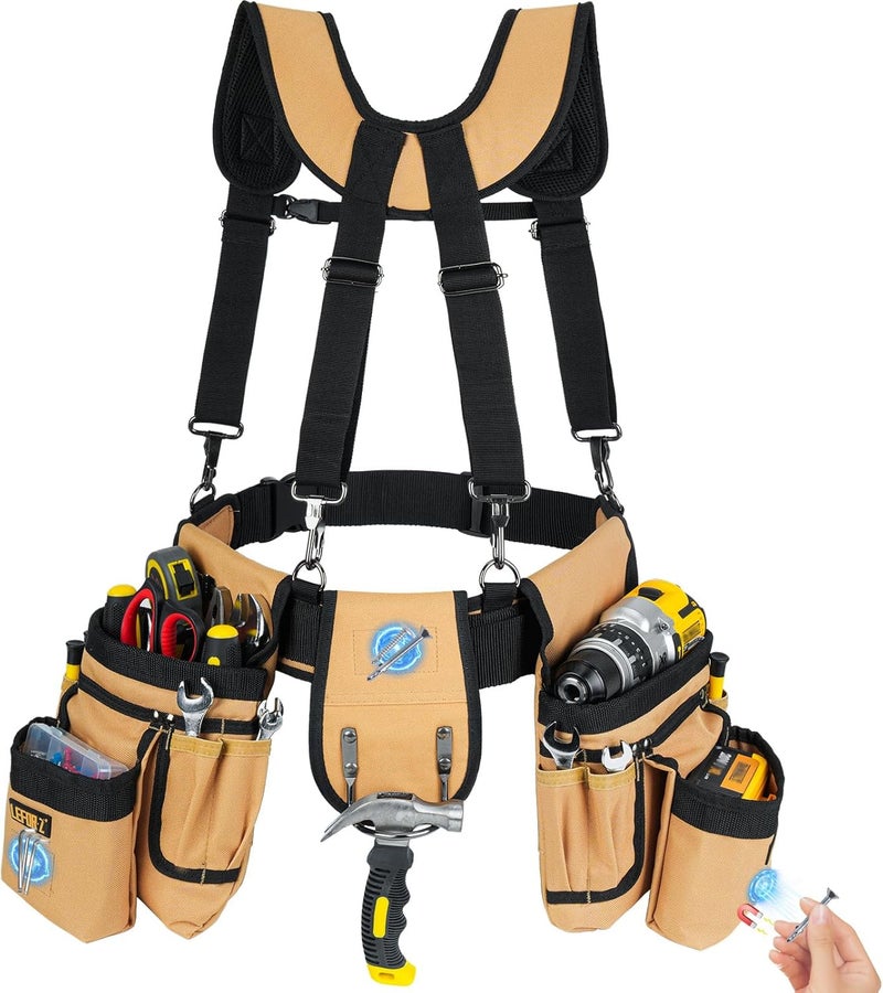LEFORZ Tool Belt with Suspenders,27-Pockets Heavy Duty Tool Belts for Men with Magnetic Tool Pouch,Detachable & Adjustable Work Belt Bag for Electrician,Carpenter,Construction,Utility Toolbelt,Black,Brown - Image 1
